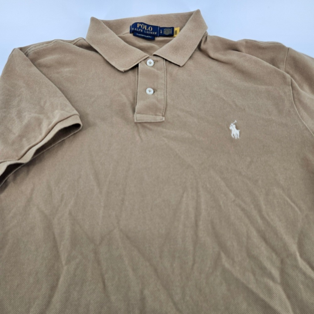 Polo Ralph Lauren Men Large Beige Khaki Custom Slim Fit Pique Polo Shirt L